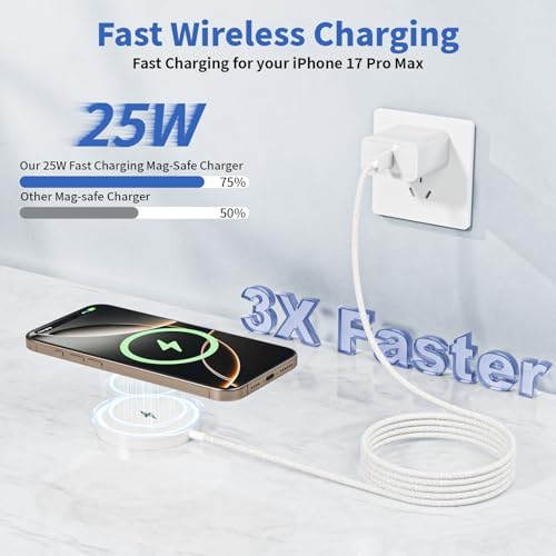 Image of 25W[Apple MFi Certified] Magnetic Wireless Charger iPhone Charger Fast Charging,6FT Apple Mag Safe Chargers Pad 35W Adapter Block for iPhone 17E /17 Pro Max /Air /16 ProMax /16 /15 Plus /15,AirPods
