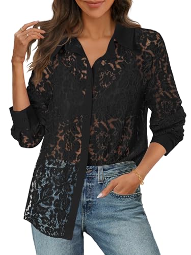 MEROKEETY Women's Lace Long Sleeve Tops Dressy Casual Blouse Button Down Sheer Elegant Summer Shirts