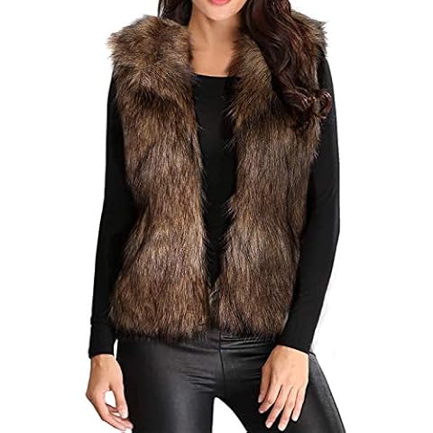 Aukmla Women's Faux Fur Vest Sleeveless Coat Jacket Winter Warm Short Waistcoat Outwear with Pocket for Spring Autumn and Winter (Large, Brown) Cover