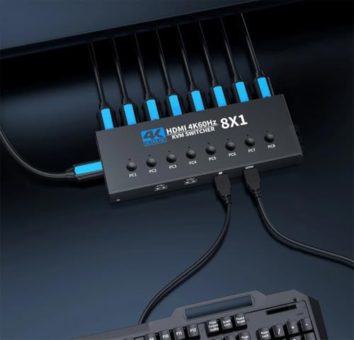 Image of ETZIN 8 Port HDMI KVM Switch 8x1, 4K@60Hz Ultra HD, Control 8 Computers with 1 Monitor, IR Remote Control, 3 USB Ports, 8 KVM Cables Included, Hotkey Switching EPL-1598H