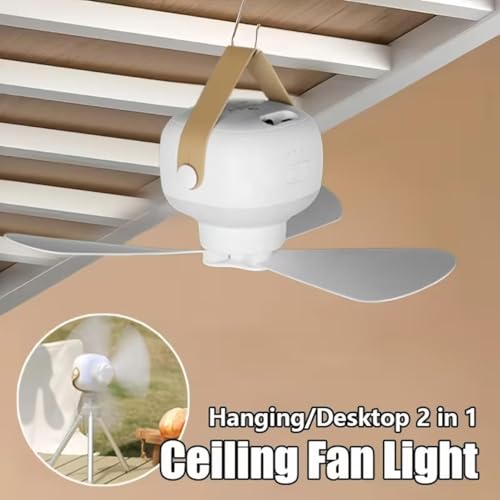 Image of Portable Ceiling Fan with LED Light, 2 in 1 Desktop and Ceiling, 7200mAh Battery Powered, White, 26x9.2x8.8 cm, for Home Camping Outdoor Use, Hanging and Tripod Mount
