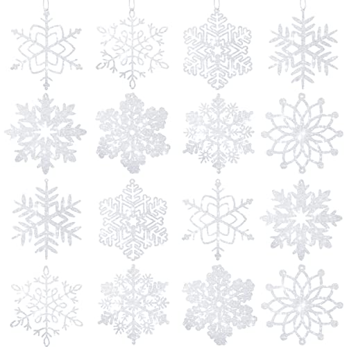 16 STÜCKE Silber Weihnachten Glitter Schneeflocken Ornamente Winter Schneeflocken Ornamente Weihnachtsbaum Hängende Schneeflocken für Weihnachtsbaum Winter Urlaub Party Fenster Dekoration,8 Stile Cover