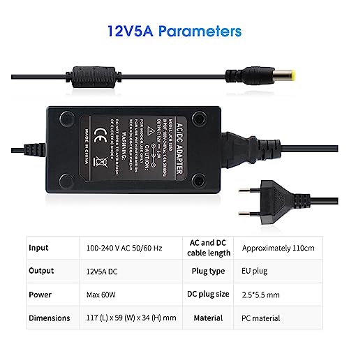 Adaptador de corriente 100V-240V con salida estable de 12V 5A y transformador para iluminación LED segura 4