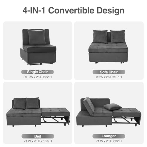 Sleeper Sofa Bed, Convertible 4-in-1 Pull Out Couch with 5 Adjustable Backrest, Modern Velvet Sofa with USB Ports & Storage Pocket (Includes Pillow) for Living Room, Bedroom,Apartment, Dark Grey