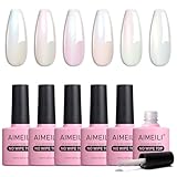 AIMEILI Gel Polish Glitter Top Coat 6 Color, Hema Free, Cruelty Free, Vegan, 2 In 1 High Glossy Shiny Pearl No Wipe Top Gel for Nail Art
