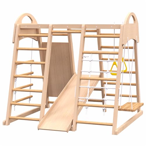 Dithoko Kids Playground Jungle Gym, 8 in 1 Wooden Climber Playset Slide with Climbing Ladder, Swing, Monkey Bar, Climbing Net, Rings, Climbing Wall and Rope Ladder for Toddlers