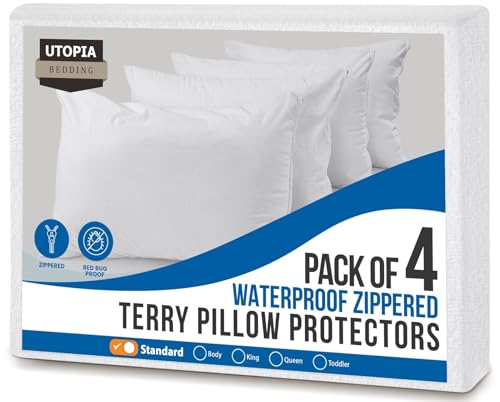 Utopia Bedding Set of 4 Waterproof Pillow Protectors with Zipper Standard Size, Terry Pillow Covers...