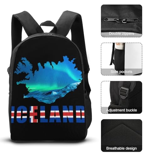 Iceland Flag Map Northern Lights Large Travel Backpacks Carry on Backpack Weekender Bag with 2 Storage Pockets for Men And Women3