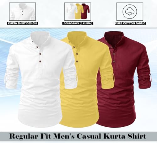 Image of FINIVO FASHION Combo of Men's Cotton Blend Solid Regular Fit Full Sleeve Straight Short Kurta Shirt, Casual and Formal Wear
