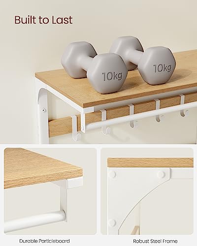 VASAGLE Wall-Mounted Coat Rack, Wall Shelf with 10 Removable Hooks, Clothes Rail, Coat Hooks with Shelf, for Entryway, Bedroom, Bathroom, Oak Colour and White LCR101W09 - Image 4