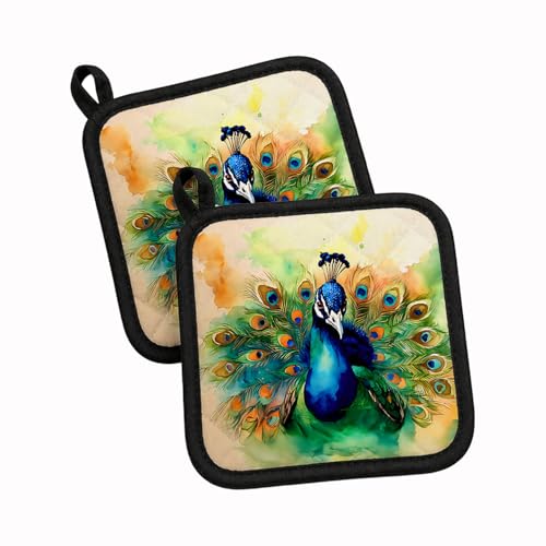 Caroline's Treasures Peacock Pair of Pot Holders Kitchen Heat Resistant Pot Holders Sets Oven Hot Pads for Cooking Baking BBQ, 7 1/2 x 7 1/2