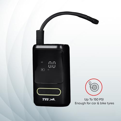 Image of TVS Portable Tyre Air Inflator 150 PSI - Digital Meter, LED Light, Multi-Nozzle, Multi-Mode, Rechargeable 2000 * 2 mAh Battery Air Pump for Car and Bike