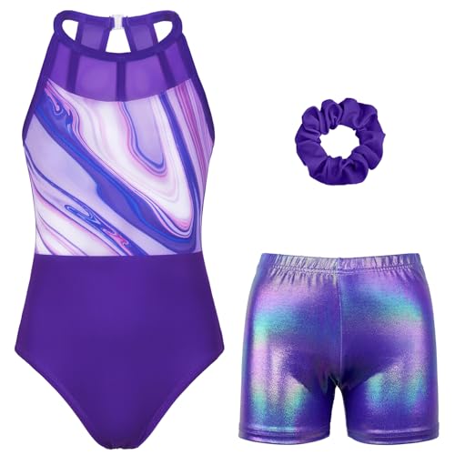 Gymnastics Leotards for Girls With Shorts Sparkly Ballet Dance Mesh Tank Activewear Splicing Marble Set 10-11 Years