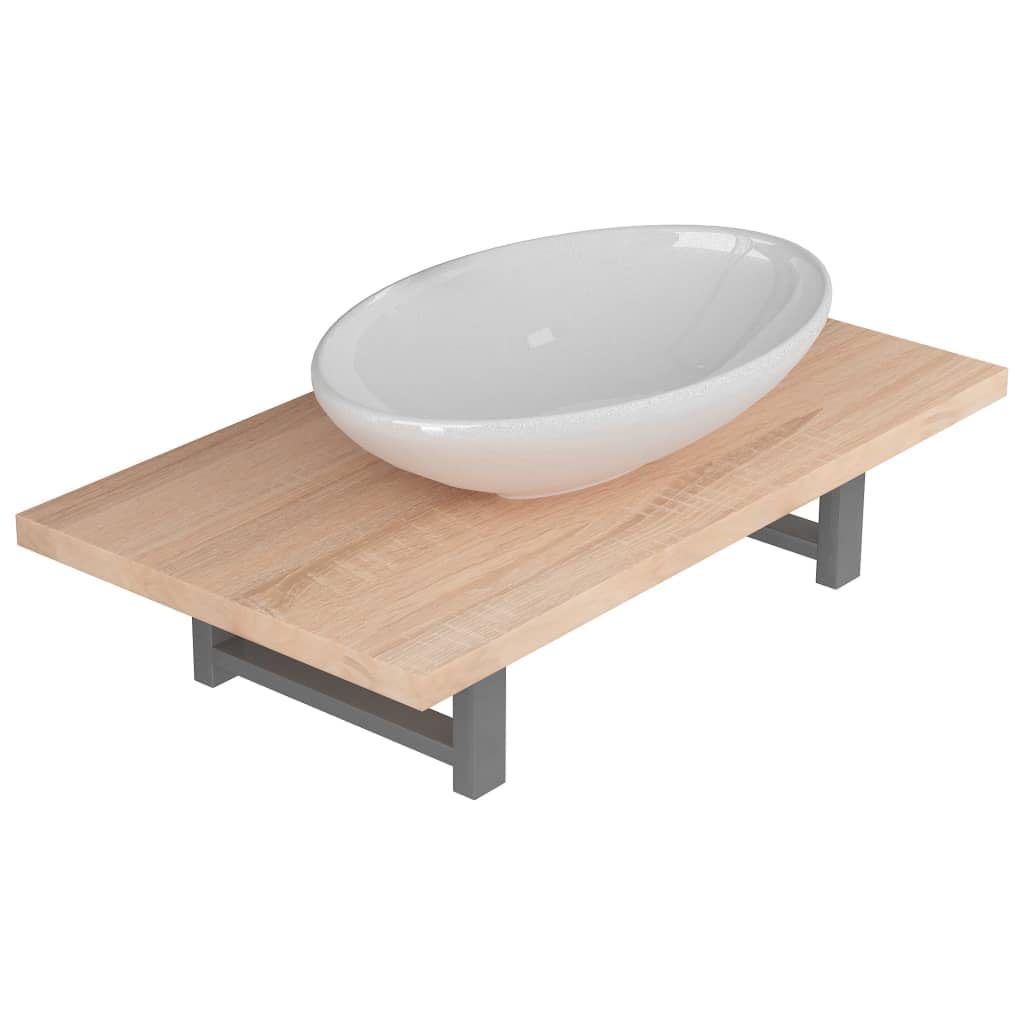 vidaXL Set Mobili da Bagno 2 pz Stabile e Durevole Elegante Mensola a Muro con Lavabo Lucido in Ceramica Rovere Piano in Truciolato e Metallo