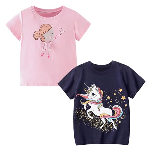 Codkkre Camisetas de Manga Corta para Niñas T-Shirts Algodón de Unicornio Ropa de Verano para Niña, Niñas Rosa/Unicornio Azul Oscuro, 7 años
