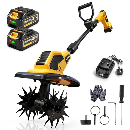 MELLWIN Motoculteur électrique avec 2 Batteries 4000 mAh 21 V, sans balais, motoculteur Rotatif 360 TR/Min avec Fraises en Acier,motobineuse Electrique...