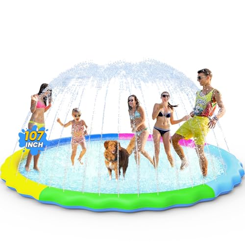 Image of VISTOP Non-Slip Splash Pad for Kids and Dog, Thicken Sprinkler Pool Summer Outdoor Water Toys - Fun Backyard Fountain Play Mat for Baby Girls Boys Children or Pet Dog (107 Inch, Red&Yellow&Green&Blue)