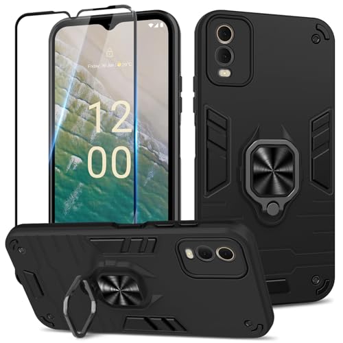 Btstring Case for Nokia C32 with Tempered Glass Screen Protector Heavy Duty Personalised Case with Stand Black