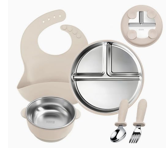 Assiettes en acier inoxydable avec ventouse et couverts ergonomiques