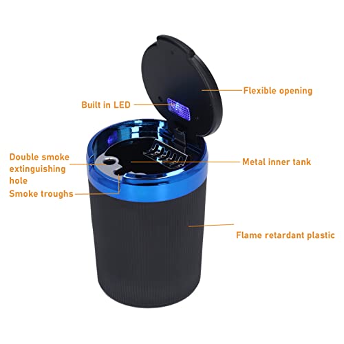 Cinzeiro de carro com tampa, suporte portátil sem fumaça para carro com luz LED azul, tampa superior
