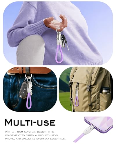 Image of Short USB C Cable PD 240W(2 Pack), 6 Inch Keychain USB C Cable /Phone Lanyard USB-C to Type-C Cables /Fast Charging Cable for Phone17 /16 /15 Samsung Galaxy Tablet Laptop External SSD(Purple)