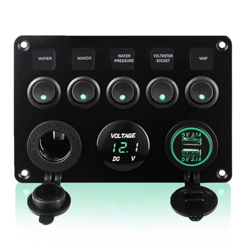 Geloo Pannello con interruttori a pulsante, 12/24 V Impermeabile doppia presa USB caricabatteria Voltmetro Presa accendisigari per auto, barca, camper e camion