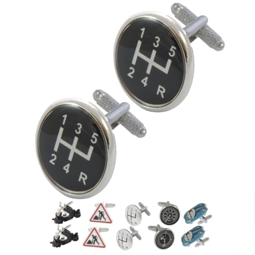 Manschettenknöpfe Herren Schwarz - Mit Box - Auto Ganghebel - Langlebiges Messing - Perfekt Für Auto-Liebhaber - Gangschaltung - Runde - Silberne und Schwarze Farben - Ein Paar