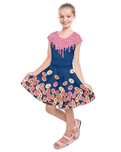 PattyCandy Girls Dark Steel Blue Donuts Printed Casual Short Sleeve Dress - 12