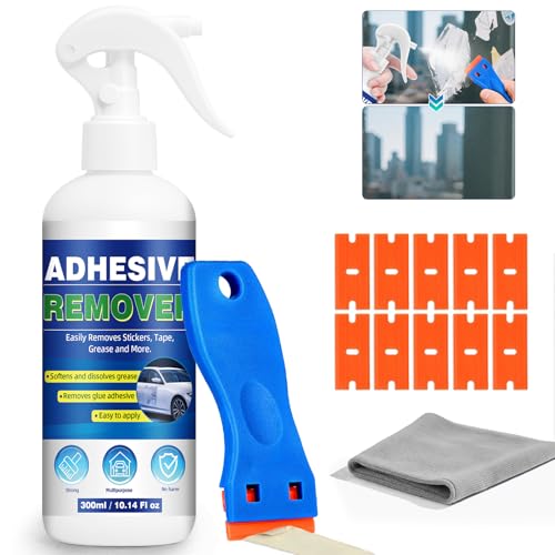 Adhesive Remover, 300ml Sticker Remover Spray with Plastic Scraper, Glue Remover for Windows, Glass, Plastic, Carpet, Rapidly Removes Stickers, Glue, Tape, Residue, Labels Remover, Car Sticker Remover