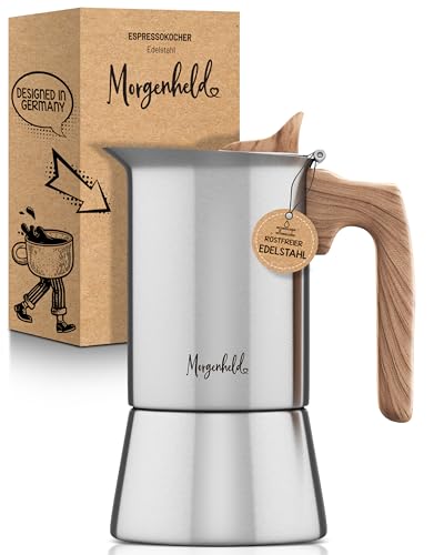 Morgenheld Espressokocher für 4 Tassen [200 ml] aus rostfreiem Edelstahl - Mokkakanne, Espressokanne geeignet für alle Herdarten...