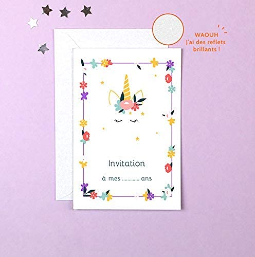popcarte 16 Cartes d'invitation Anniversaire Fille avec 16 Enveloppes • Licorne Fleurie (Paillettes) Cover