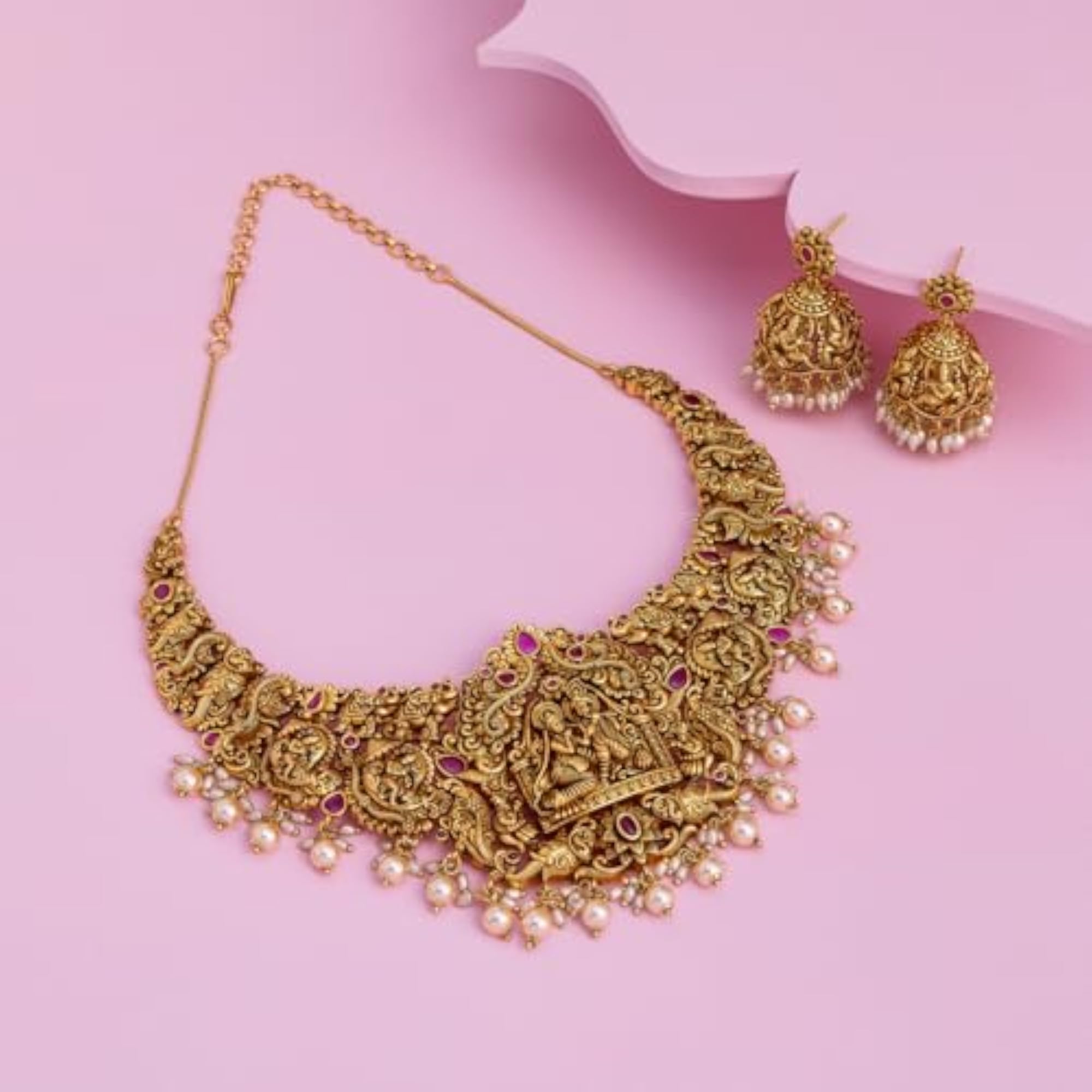 KUSHAL'S Ruby Gold Polished Copper Antique Necklace