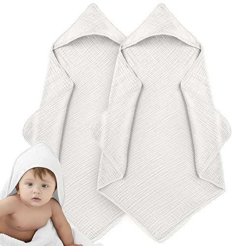 Image of LILY O LAUREL Muslin Hooded Baby Towels for Newborns, 32"x32", 100% Cotton – 6 Layers Super Soft Absorbent Breathable, Baby Bath Towel, Toddler Bath Towel – Pack of 2