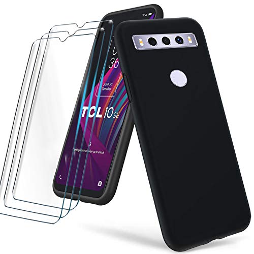 HYMY para TCL 10 SE Funda (6.52 ) + 3 x Cristal Templado - Black Carcasa y Cristales Protector de Pantalla TPU Silicona Suave Gel Caja Cover Tapa Caso Carcasa Cubierta -Black