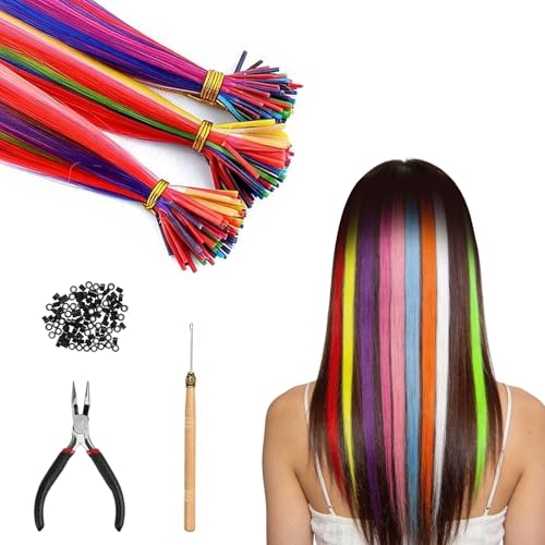 Infreecs 130 Stück Bunte Haarverlängerungs Set, Haarschmuck Bunte Haarsträhnen Kinder, Haarsträhnen zum Einflechten, Haarteil Zange Häkchen mit 150 Perlen Ponytail Braids Extensions Clip