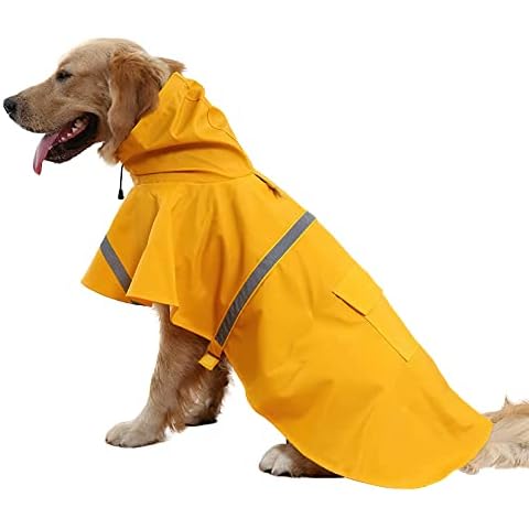 NACOCO Large Dog Raincoat Adjustable Pet Water Proof Clothes Lightweight Rain Jacket Poncho Hoodies with Strip Reflective (XXL, Yellow) Cover