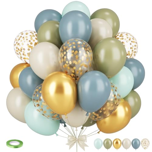 Image of Dusty Blue Green Balloons,12 Inchs Sage Green Blue Sand White Gold Confetti Latex Balloons for Eucalyptus Birthday Boho Bridal Shower Wedding Decorations