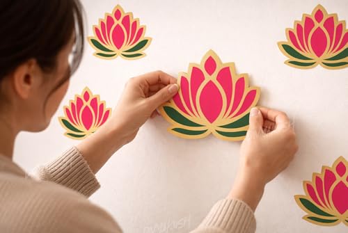 Image of Divyakosh Green-Pink Lotus Wall Stickers for Wall Decor (12 Pieces, 3x3.5 Inch) | Mandap, Temple Decor, Puja Backdrop Decoration| Peel & Stick Lotus Stickers for Home & Festive