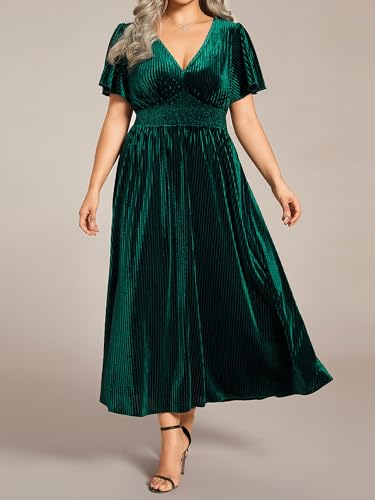 Ever-Pretty Plus Women's Winter V Neck Velvet Short Sleeves A Line Plus Size Cocktail Wedding Guest Dresses 01939-DAPH3