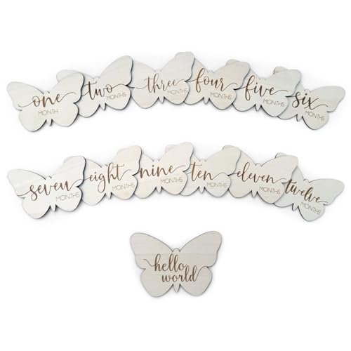 Image of Baby Monthly Milestone Cards, Wooden Discs, Gender Neutral, Butterfly Shaped, Baby Shower Gifts (Butterfly)