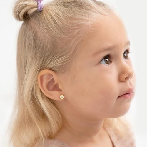 14k Yellow Gold Round Bezel Cubic Zirconia Safety Screw Back Earrings For Toddlers and Little Girls - Children's Cubic Zirconia Stone Earrings For Everyday Wear2