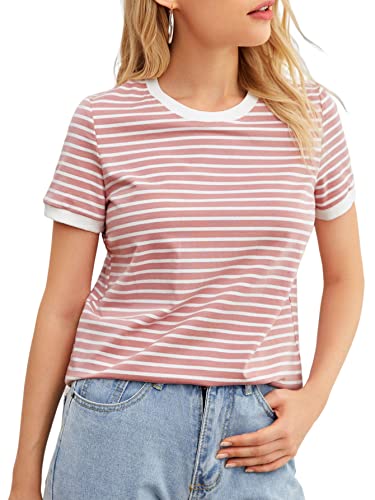 Floerns Women's Casual Striped Print Crew Neck Short Sleeve T Shirts Tee Tops Dusty Pink L #TOP28