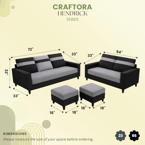 Image of CRAFTORA Heaven Dual Tone Plush Velvet 3 Seater + 2 Seater Sofa Set with 2 Ottoman | Silken Velvet Suede Upholstery | Designer Sofa for Living Room & Office Spaces (Black & Dark Grey)