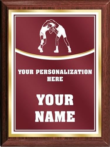 Crown Awards Wrestling Personalized Plaque Award, 6x8 Color Printed Metal Plate with Custom Engraving, Maroon with White Plaque On Wood Finish Prime