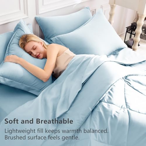 Image of CozyLux King Size Comforter Set Light Blue - 7 Pieces Bed in a Bag King, Luxury Soft Bed Set for All Seasons, Bedding Set with Down Alternative Comforter, Sheets, Pillowcases & Shams