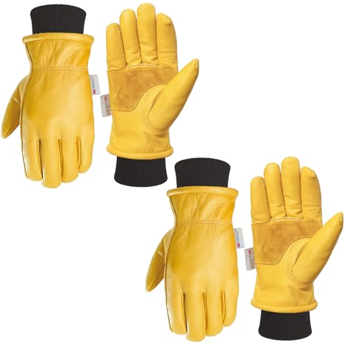 DLY 2 Pairs Winter Work Gloves for Men, Water-Resistant, Insulated, Puncture and Abrasion Resistant, Cowhide Leather with Warm Thinsulate Lining for Cold Weather, XX-Large, Yellow, New
