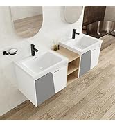 High QLO 68 Inch Bathroom Vanity - Modern Bathroom Vanity With Double Sinks Includes Five Brown Wood Design Drawers,Floating Cabinet With Open Storage Level & LED Smart Defog Mirror | Ceramic