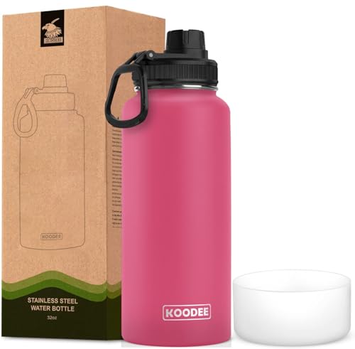 koodee Insulated Water Bottle, 32oz Stainless Steel Double Wall Vacuum Wide Mouth Sport Bottle with Leakproof Spout Lid (Canyon Red)