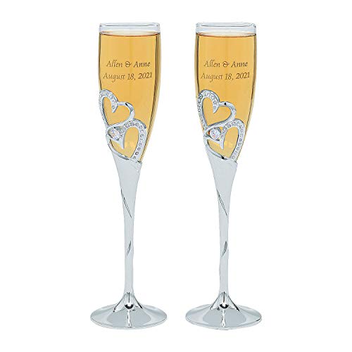 Fun Express Stacked Heart Personalized Wedding Flutes (2 pcs, 8 oz, Silver with Rhinestone Accents)