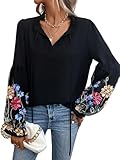 SHENHE Women's Tie Neck Floral Embroidered Long Lantern Sleeve Elegant Blouse Top Shirt Black Medium